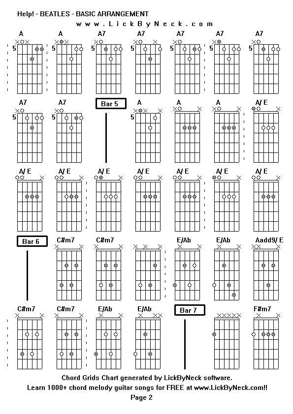 Chord Grids Chart of chord melody fingerstyle guitar song-Help! - BEATLES - BASIC ARRANGEMENT,generated by LickByNeck software.